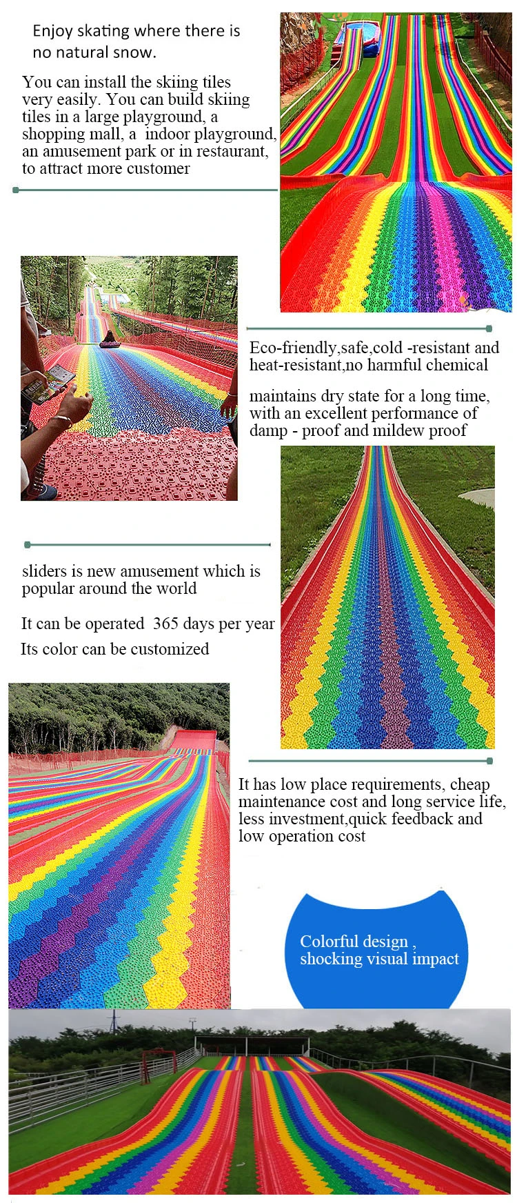 China Supply Outdoor Playground Plastic Dry Ski Rainbow Snow Slip Slide Fun Park Equipment for Amusement Park